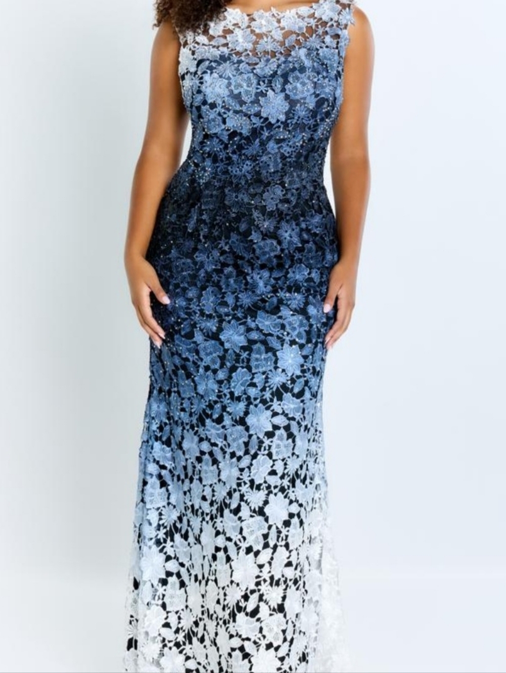 Montage By Mon Cheri Embroidered Ombre Floral Evening Dress - Dark Blue to White